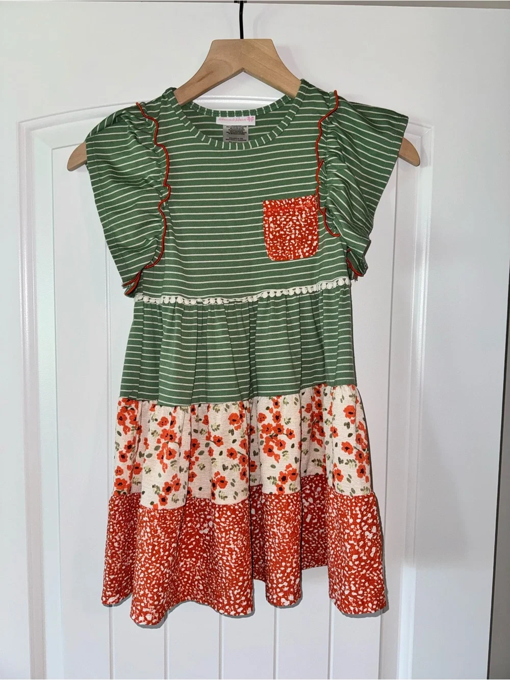 Girls Green Striped & Orange Floral Tiered Dress